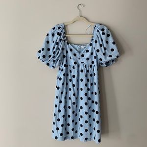 English factory polka dot blue dress with puff sleeves size small